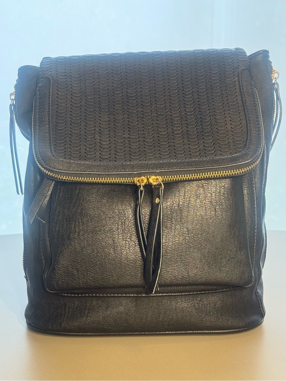 Antik Kraft Black Faux Leather Backpack Purse Gold Hardware Boho Chic